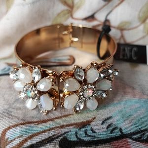 INC Brand Shiny Gold Tone Clamper Bracelet Milky Pink Clear Marquis Stones NWT